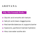 Arovana skincare product description highlighting ingredients and their benefits on a white background.