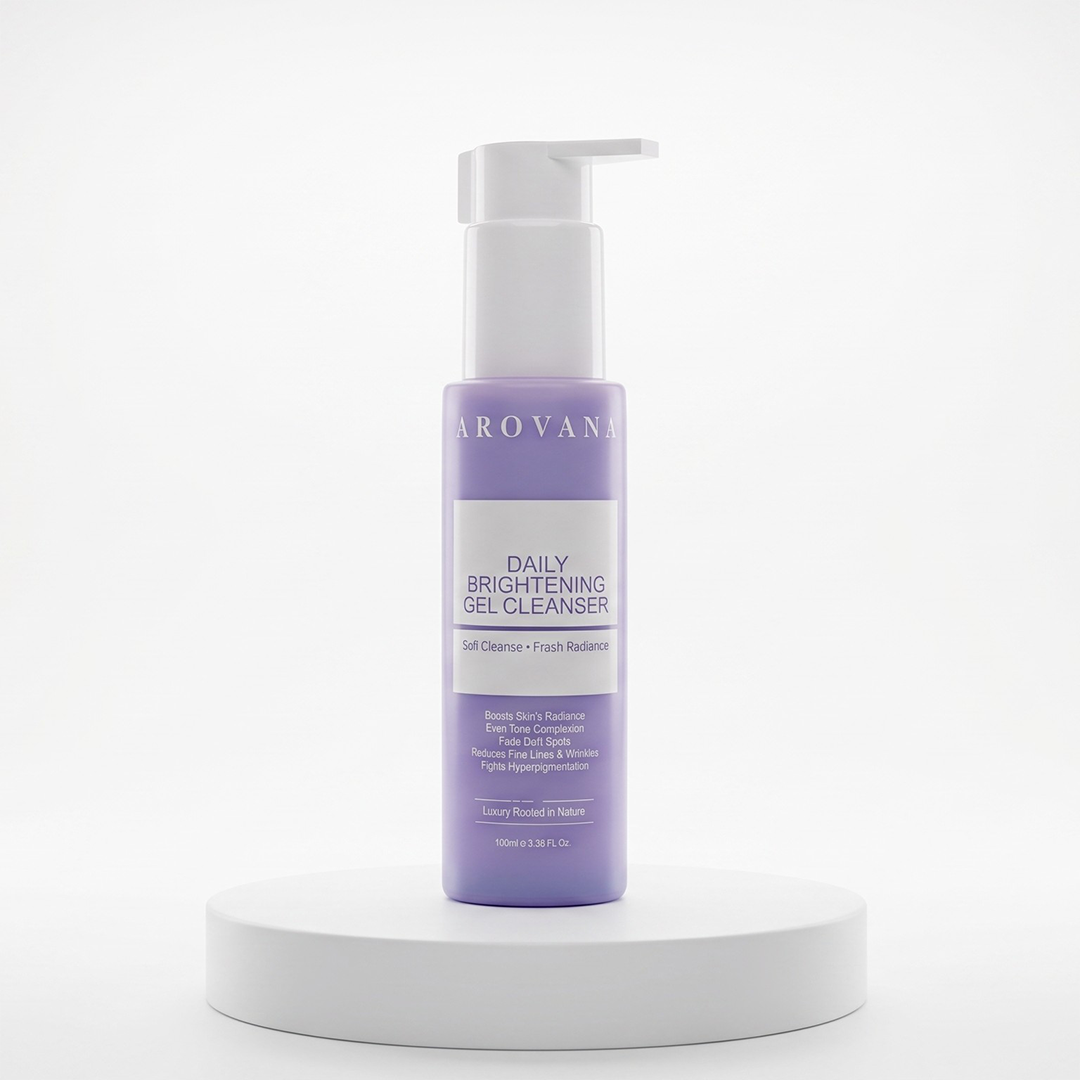 A lavender purple bottle of Arovana Daily Brightening Gel Cleanser with a white pump dispenser, displayed on a white cylindrical pedestal against a clean white background.