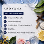 Arovana skincare product with key ingredients listed on a white background with natural elements.