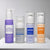 AROVANA Daily Brightening Gel Cleanser in purple, Deep Hydration Hyaluronic Serum in frosted gray, Glass Skin Moisturizer in white with blue label, and Hydrating Sun Shield SPF 50+ in white with orange label.