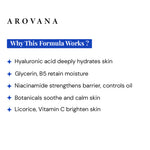 Arovana skincare product description highlighting key ingredients and their benefits on a white background.