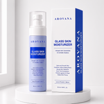 A bottle and box of AROVANA Glass Skin Moisturizer, featuring a light blue and white bottle alongside its matching blue and white packaging, displayed on a white pedestal.