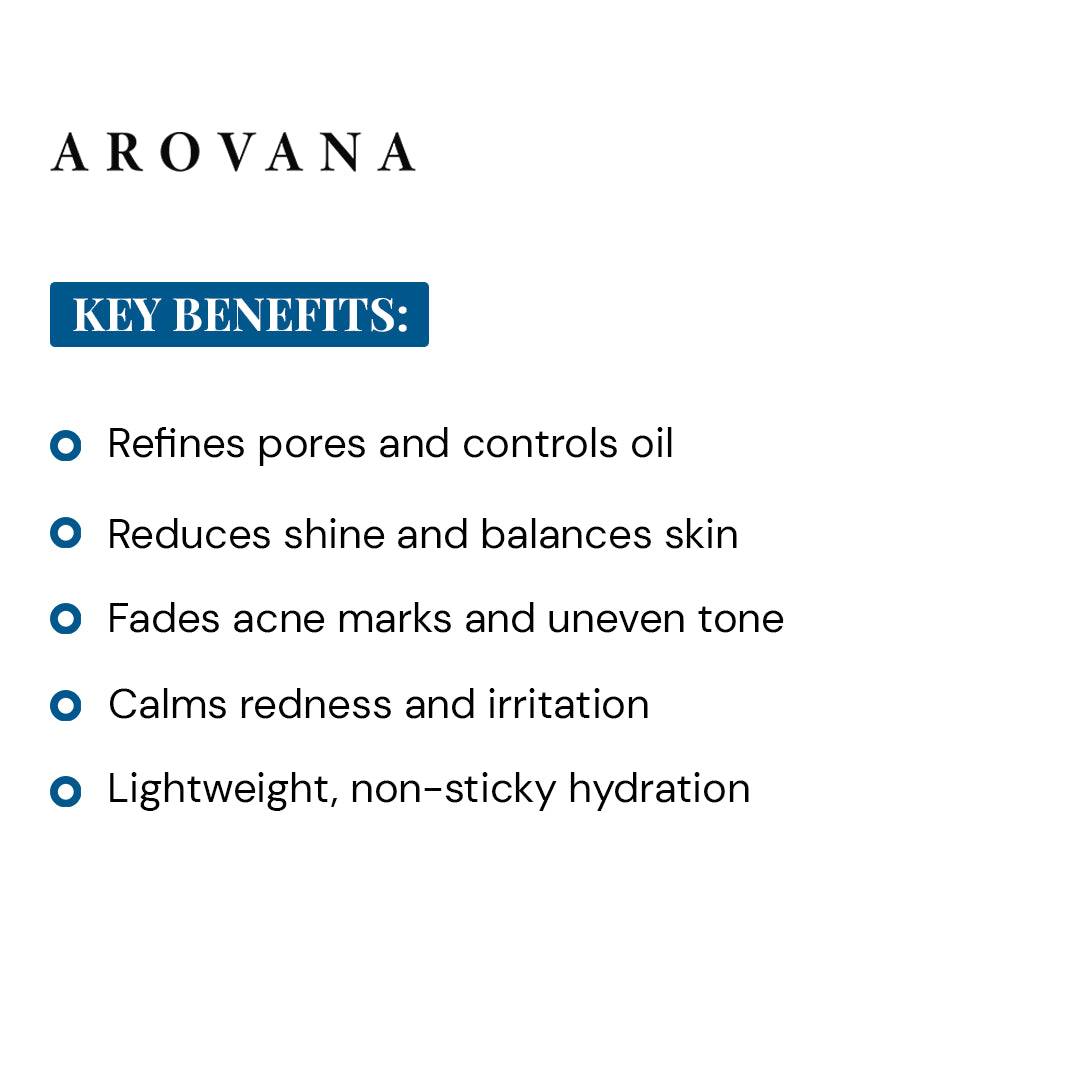 Arovana product description card with key benefits listed on a white background