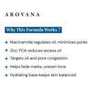 Arovana skincare product description highlighting formula benefits on a white background