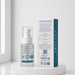 Skincare serum bottle and packaging on a white background