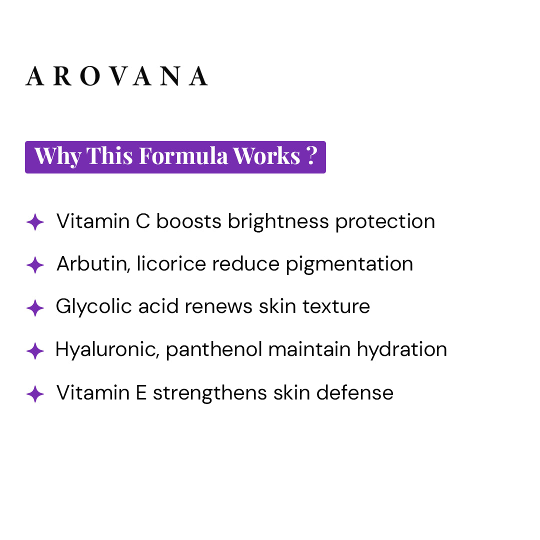 Arovana skincare product description highlighting ingredients and their benefits on a white background.