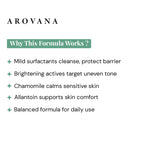 Arovana skincare product description highlighting formula benefits on a white background