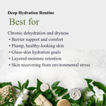Text about deep hydration routine with skincare products and green leaves on a light background