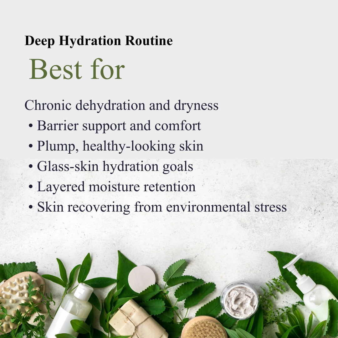 Text about deep hydration routine with skincare products and green leaves on a light background