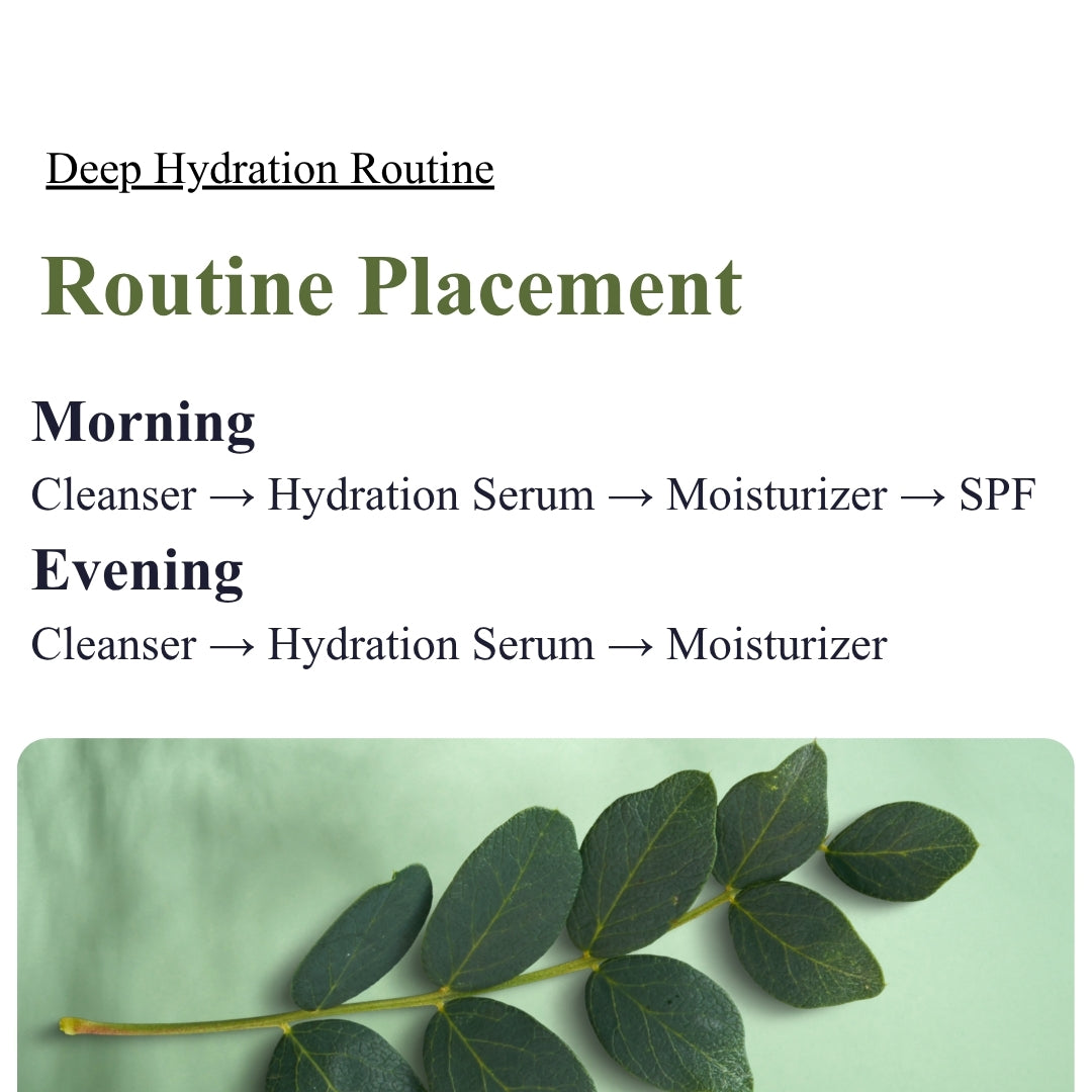 Deep hydration routine guide with morning and evening steps and a leaf on a green background.
