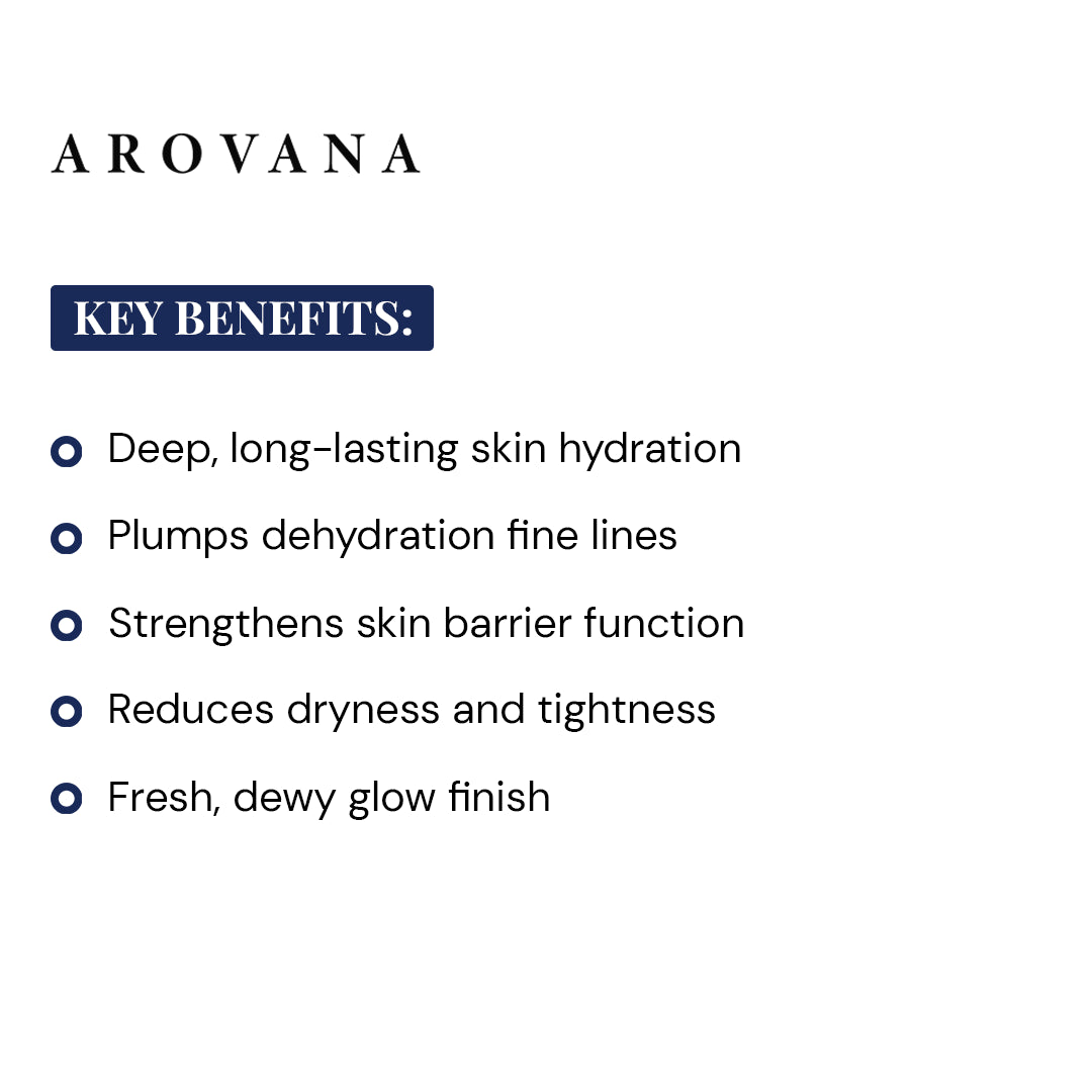 Arovana skincare product with key benefits listed on a white background