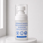A white skincare pump bottle with a clear cap, standing on a white pedestal against a bright, minimalist background. The label features blue text and icons for skin barrier repair and hydration.