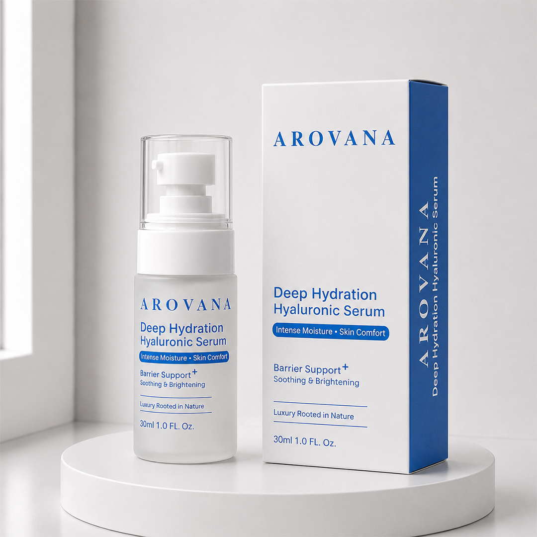 A bottle and box of AROVANA Deep Hydration Hyaluronic Serum displayed on a white pedestal against a clean white background.