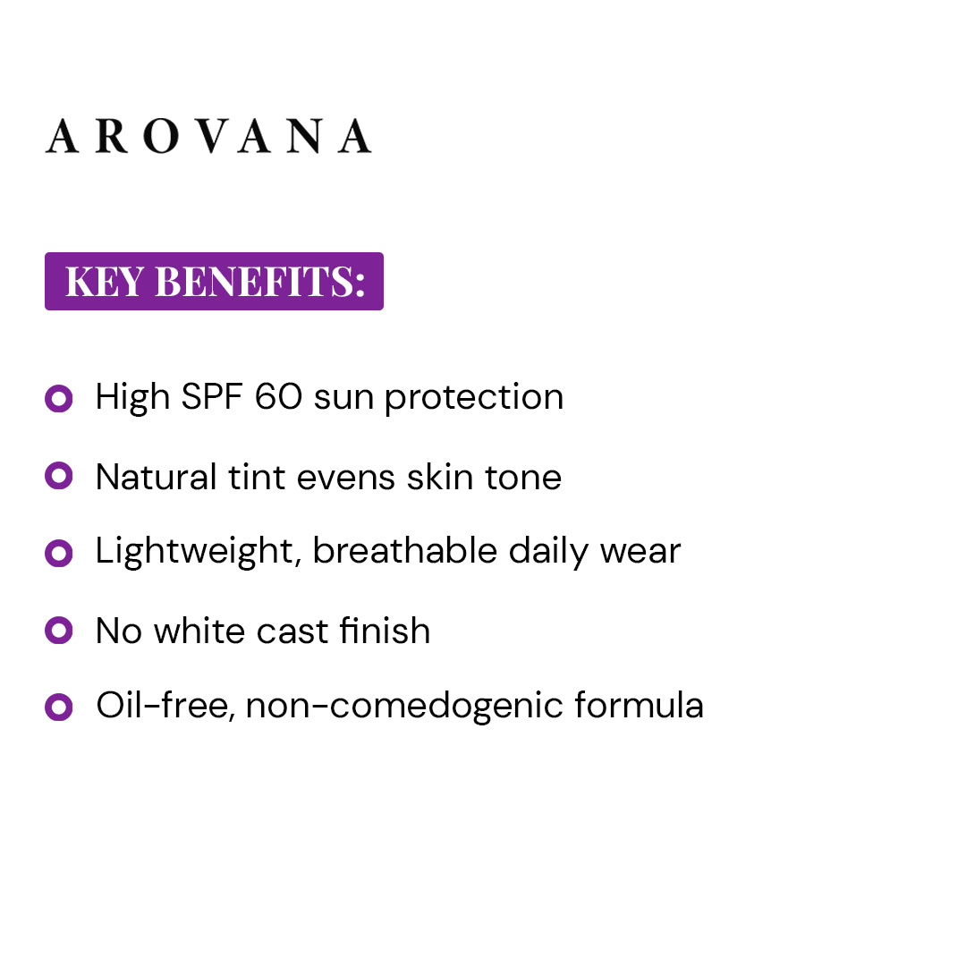 A text-based promotional graphic for AROVANA sunscreen. The image features a white background with black text listing key benefits: high SPF 60 sun protection, natural tint evening skin tone, lightweight breathable daily wear, no white cast finish, and an oil-free, non-comedogenic formula.