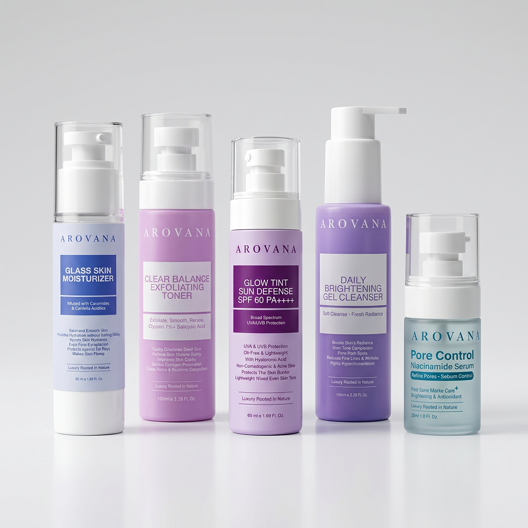 Five AROVANA skincare bottles arranged in a row on a light gray studio background. The bottles include a clear glass skin moisturizer, a clear balance exfoliating toner, a glow tint sun defense SPF 30, a daily brightening gel cleanser, and a pore control moisturizer serum.