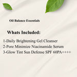 Product list for Oil Balance Essentials with green leaves on a light background