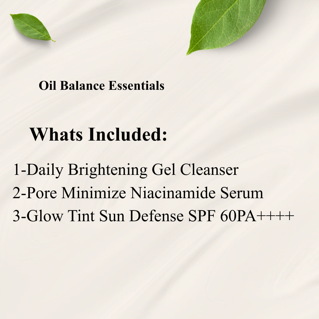 Product list for Oil Balance Essentials with green leaves on a light background