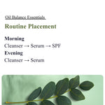 Skincare routine guide with text and green leaves on a light green background