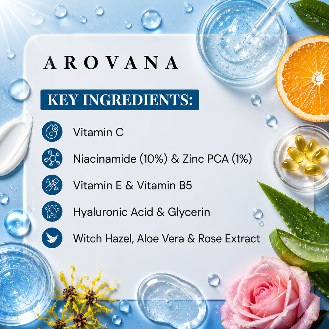 Arovana skincare product with key ingredients listed on a blue background with water droplets and natural elements.