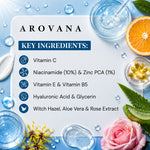 Arovana skincare product with key ingredients listed on a blue background with water droplets and natural elements.