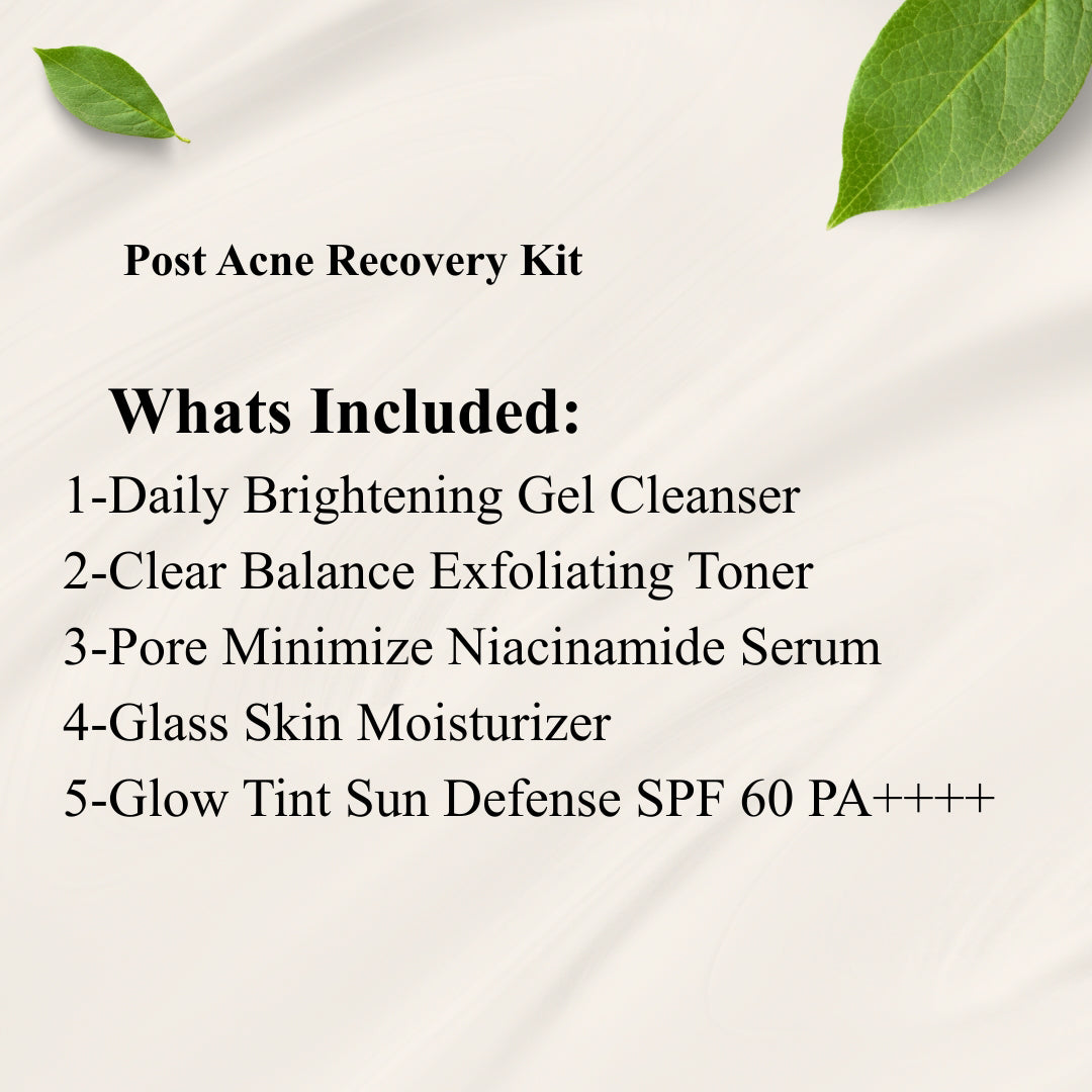 List of items included in a Post Acne Recovery Kit on a light background with green leaves.