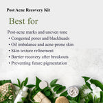 Promotional graphic for a Post Acne Recovery Kit on a light textured background, with text describing benefits and a styled flat lay of skincare products, leaves, and natural items along the bottom.