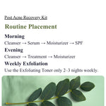 Post-acne recovery kit routine placement guide with green leaves on a light green background