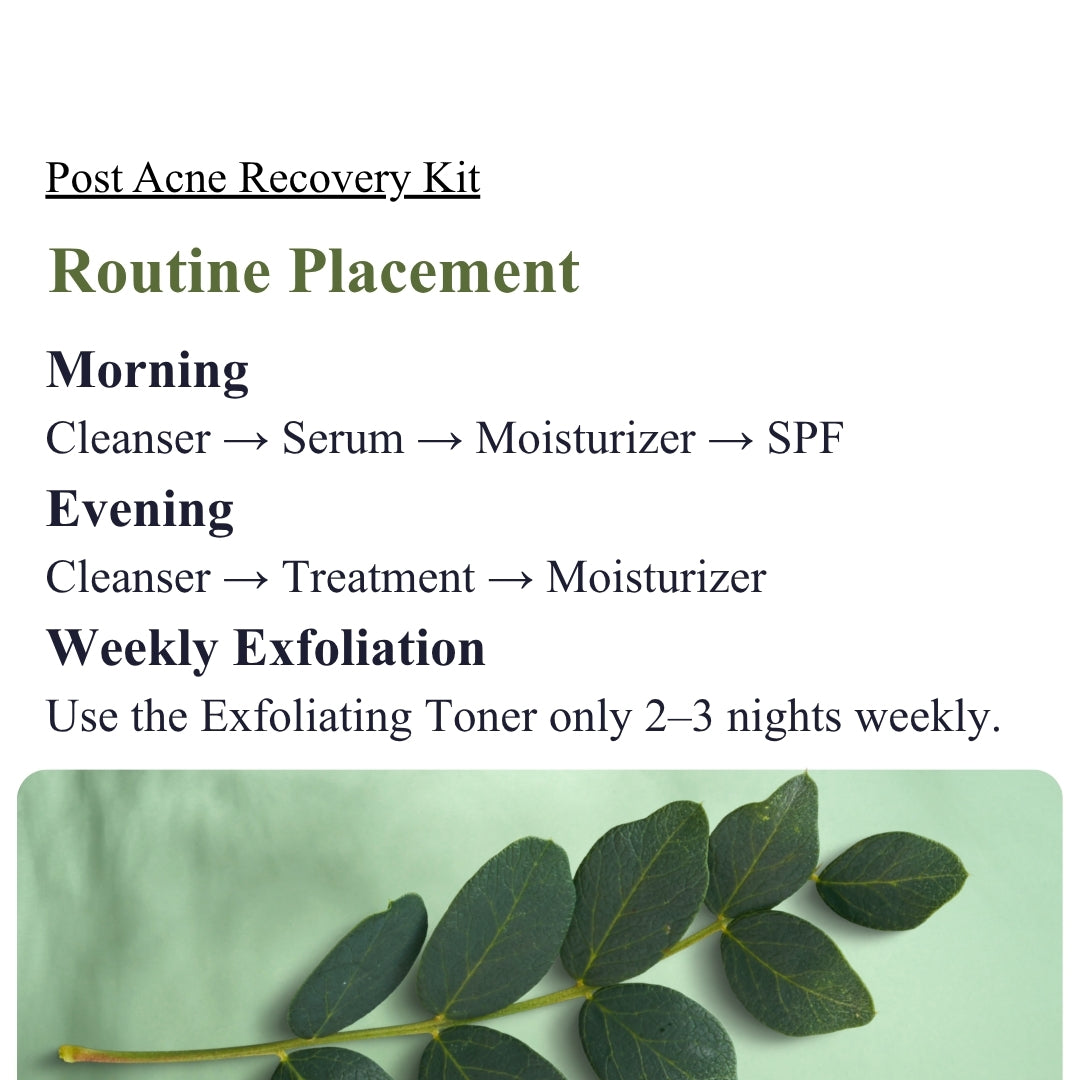 Post-acne recovery kit routine placement guide with green leaves on a light green background