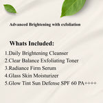 List of skincare products with exfoliation benefits on a light background with green leaves.