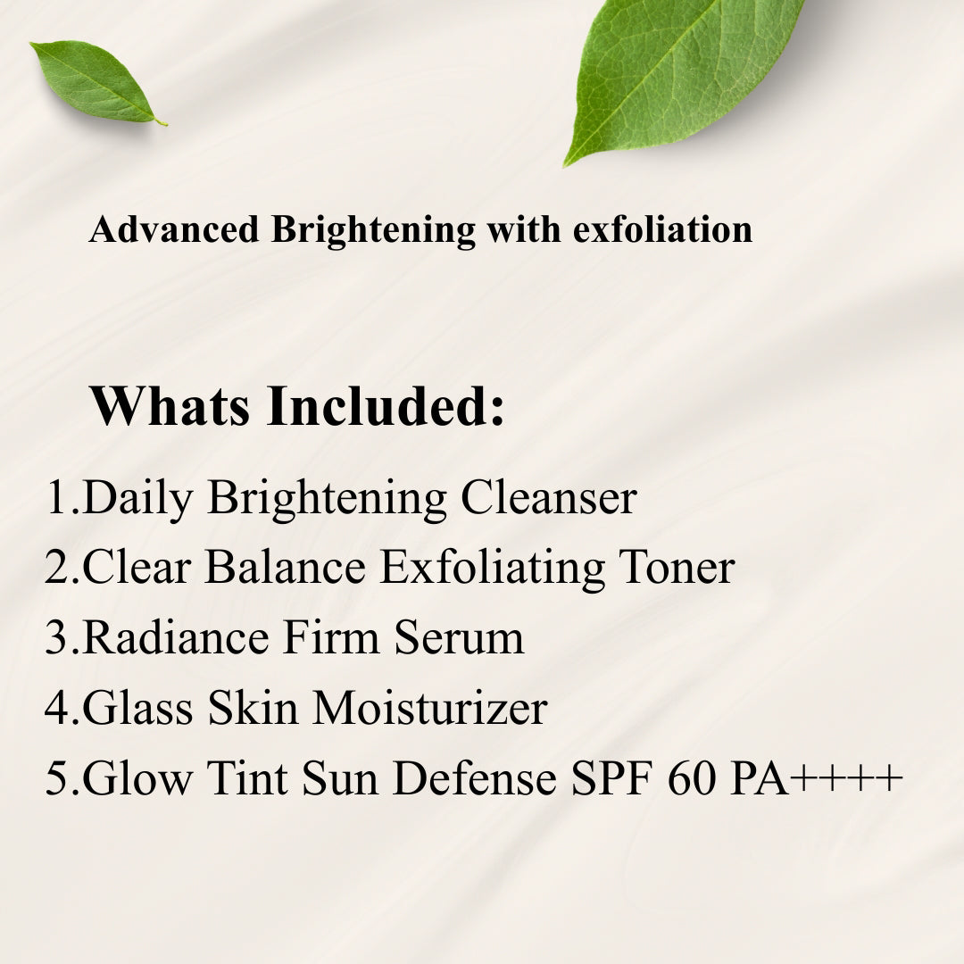 List of skincare products with exfoliation benefits on a light background with green leaves.
