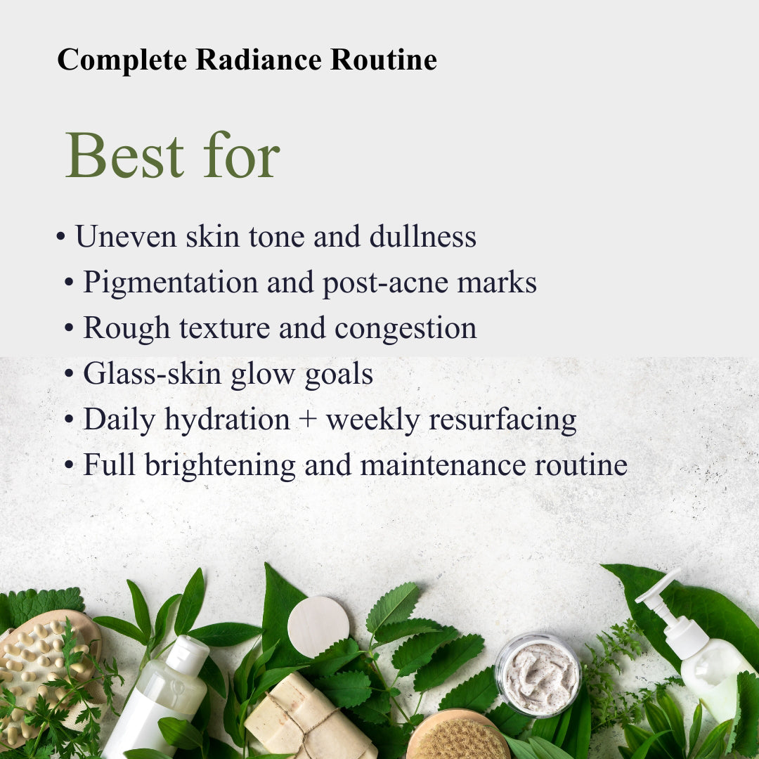 Cosmetic products with green leaves on a light background, promoting a complete radiance routine.