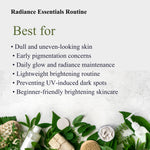 Promotional graphic for Radiance Essentials Routine with text reading 'Best for' and a bulleted list for dull and uneven-looking skin, early pigmentation concerns, daily glow maintenance, lightweight brightening routine, preventing UV-induced dark spots, and beginner-friendly brightening skincare. The bottom features a styled flat lay of skincare items and green leaves on a light textured background.