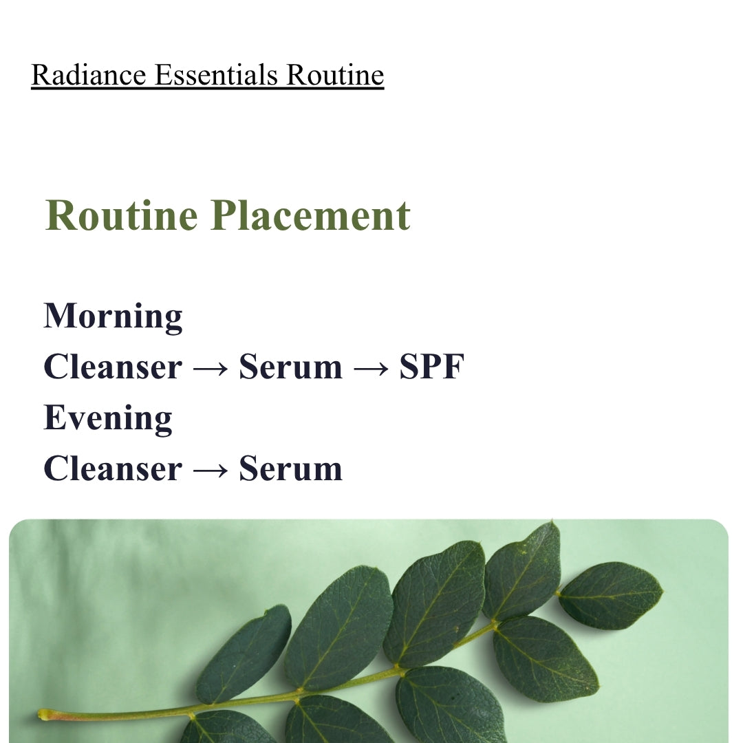 Radiance Essentials Routine with morning and evening steps on a light green background.