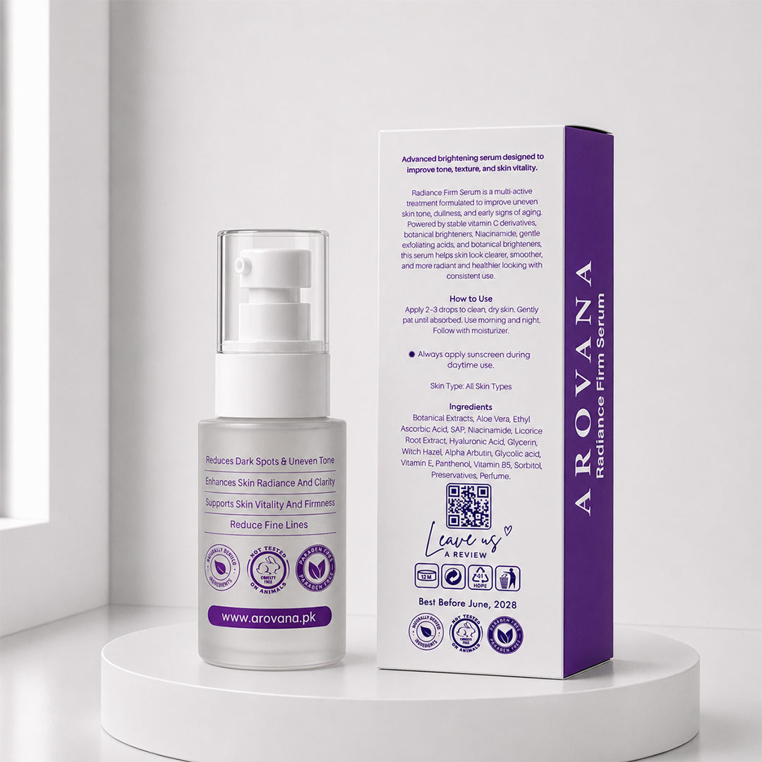 A skincare pump bottle and its retail box from AROVANA, displayed on a white cylindrical pedestal against a bright, minimalist background.
