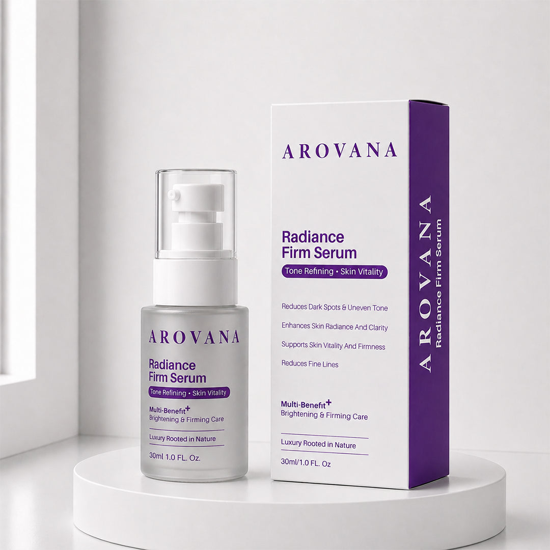 A bottle and box of Arovana Radiance Firm Serum displayed on a white pedestal in a bright, minimalist setting.